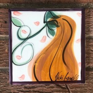 Vintage Hand Painted Gourd Square Ceramic Tile Trivet by Vicki Carroll 6” x 6”